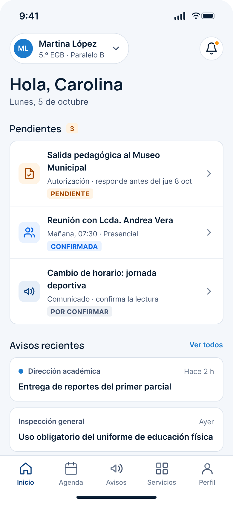 Inicio de la app para familias: hijos, pendientes y avisos